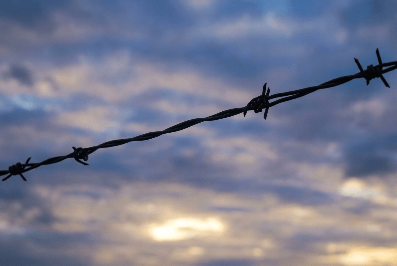 barbed-wire-fence-against-cloudy-sky A close-up silhouette of barbed wire against a cloudy sky.