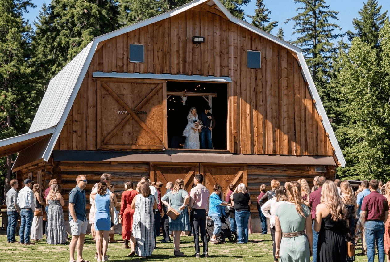 bride-groom-barn-wedding-ceremony A bride and groom standing in a wooden barn loft above wedding guests.