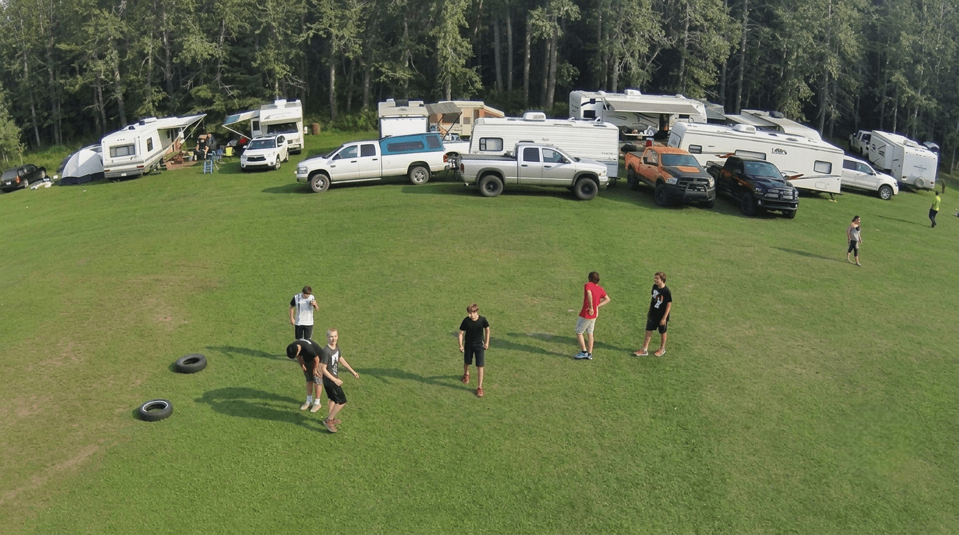 camping People playing on a grassy field near a row of RVs and trucks at a campsite.