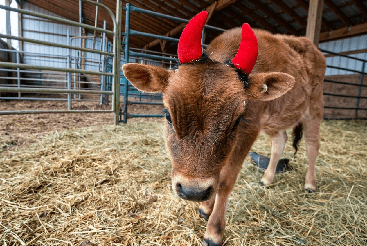 brown-calf-wearing-red-devil-horns-in-barn Young brown calf with bright red horns stands on straw in a barn, gazing at the camera with a curious, gentle expression.