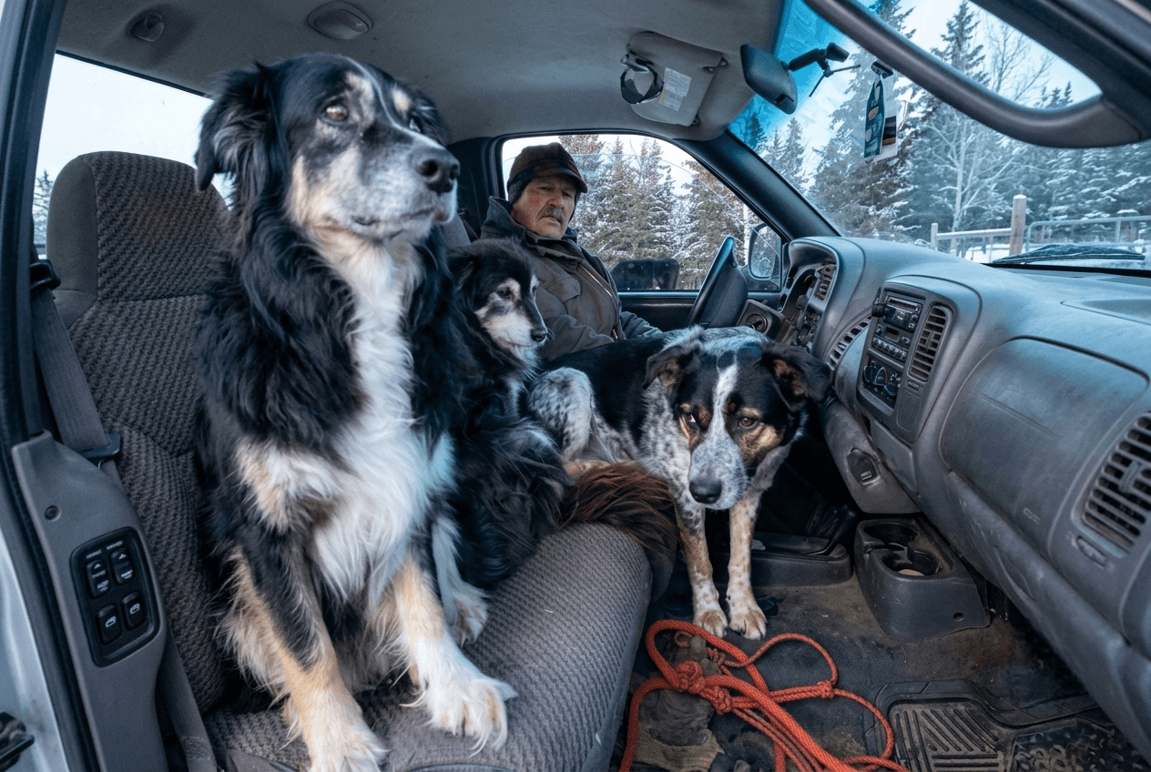 man-and-dogs-inside-truck-cab-in-winter Man sits in a pickup truck with three calm dogs, two black-and-white and one speckled, surrounded by snowy evergreens in a cozy scene.