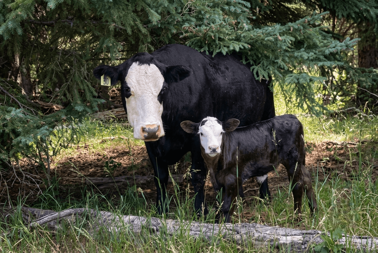 black-cow-and-calf-with-white-faces-in-forest Black-and-white cow and calf stand beneath evergreen trees in a grassy woodland, calmly facing the camera in dappled sunlight.