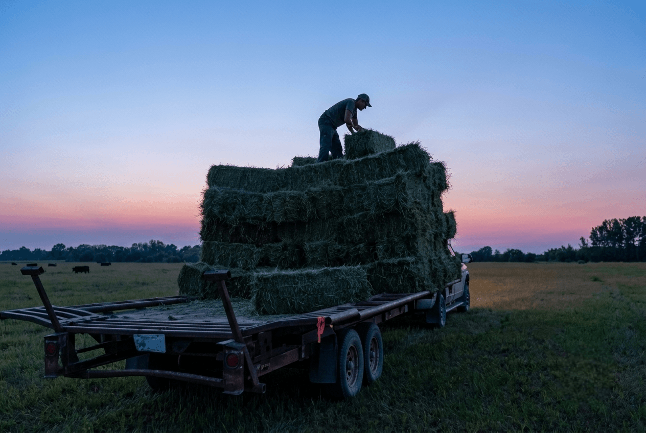 man-stacking-hay-bales-on-trailer-at-dusk Silhouetted farm worker stands atop a hay-loaded trailer at dusk, framed by open fields and a blue-pink sky, creating a peaceful rural scene.