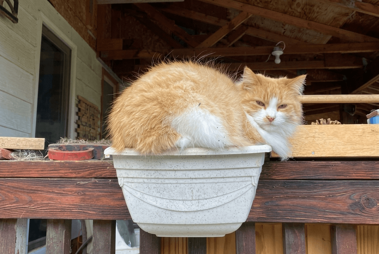 fluffy-orange-and-white-cat-resting-in-planter-box Orange and white cat sitting in a planter.