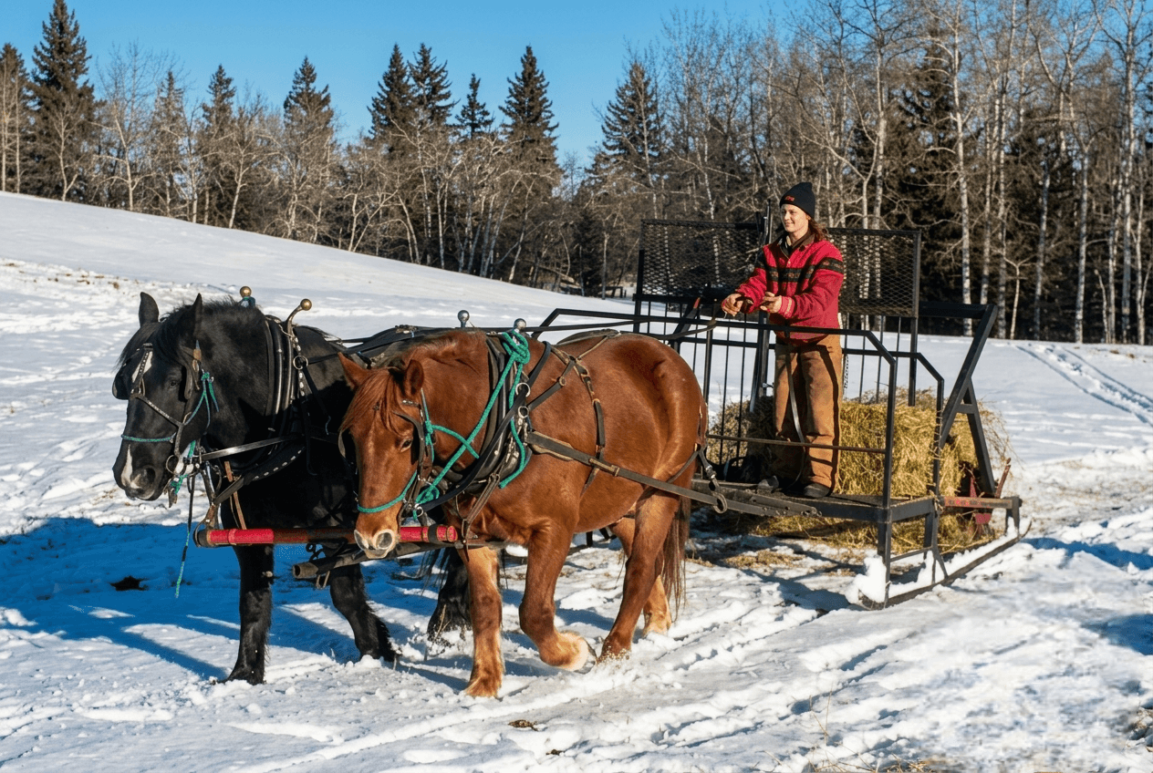 draft-horses-pulling-sleigh-in-snow A team of draft horses pulling a sleigh loaded with hay through the snow.