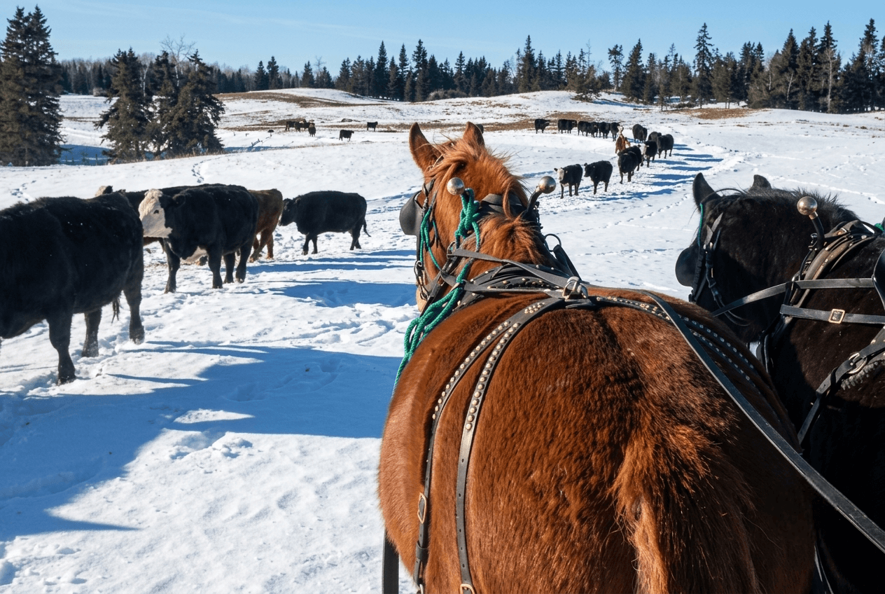 draft-horses-pulling-sleigh-past-cattle-in-snow View from a horse-drawn sleigh following cattle across a snowy field.