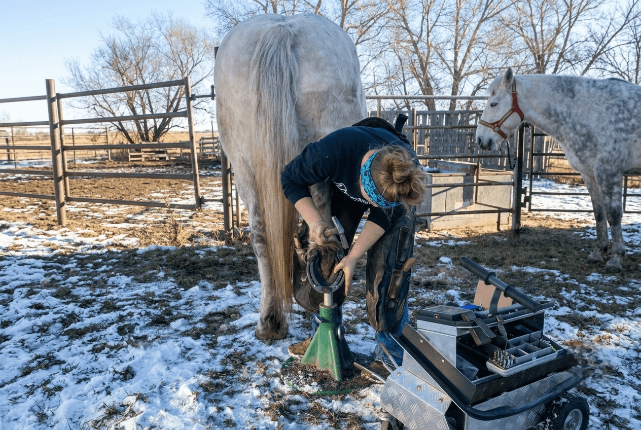 farrier-shoeing-grey-horse-outdoors A farrier trimming and fitting a horseshoe on a grey horse outside.