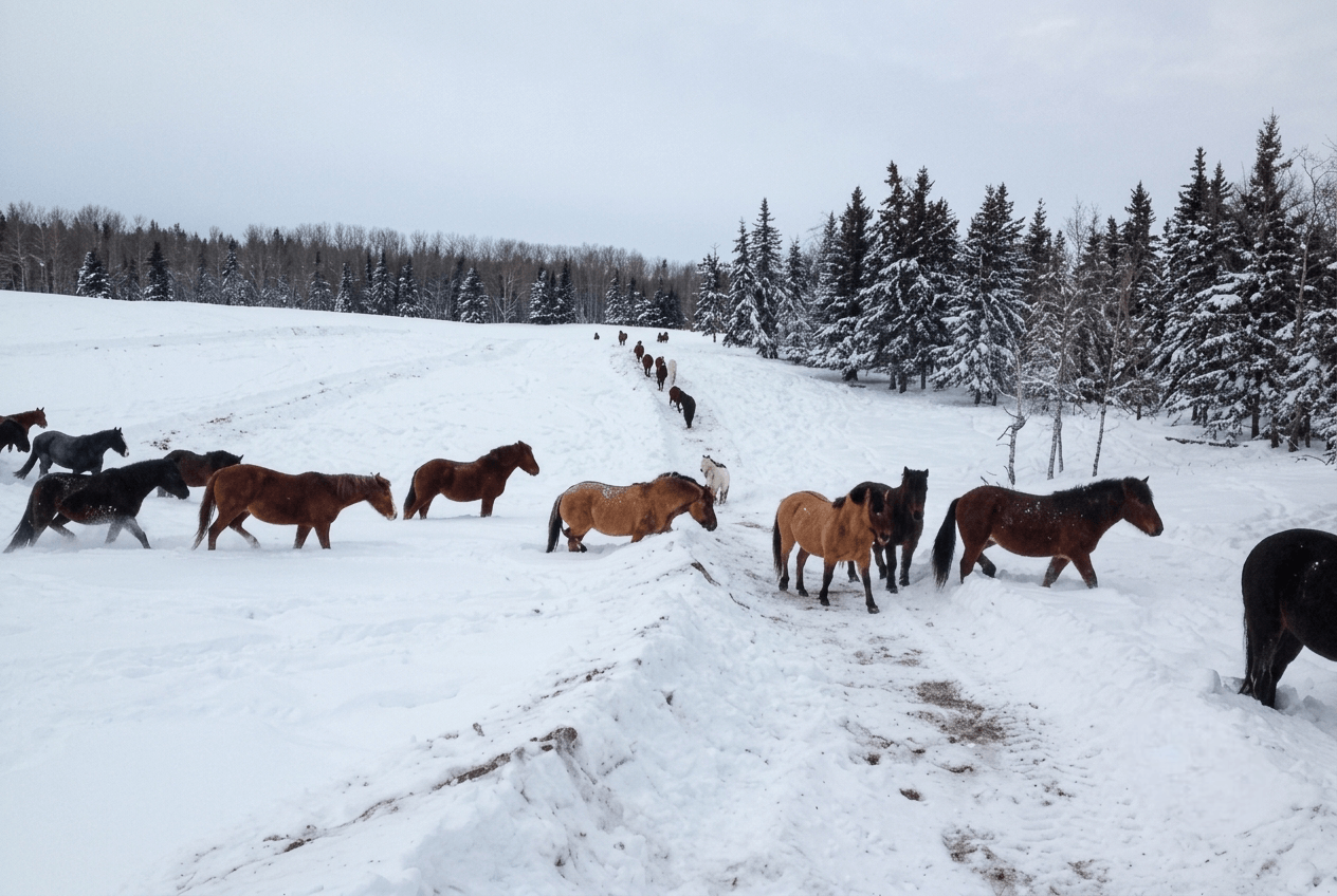 herd-of-horses-running-through-snow A herd of horses running through a snowy field near a tree line.