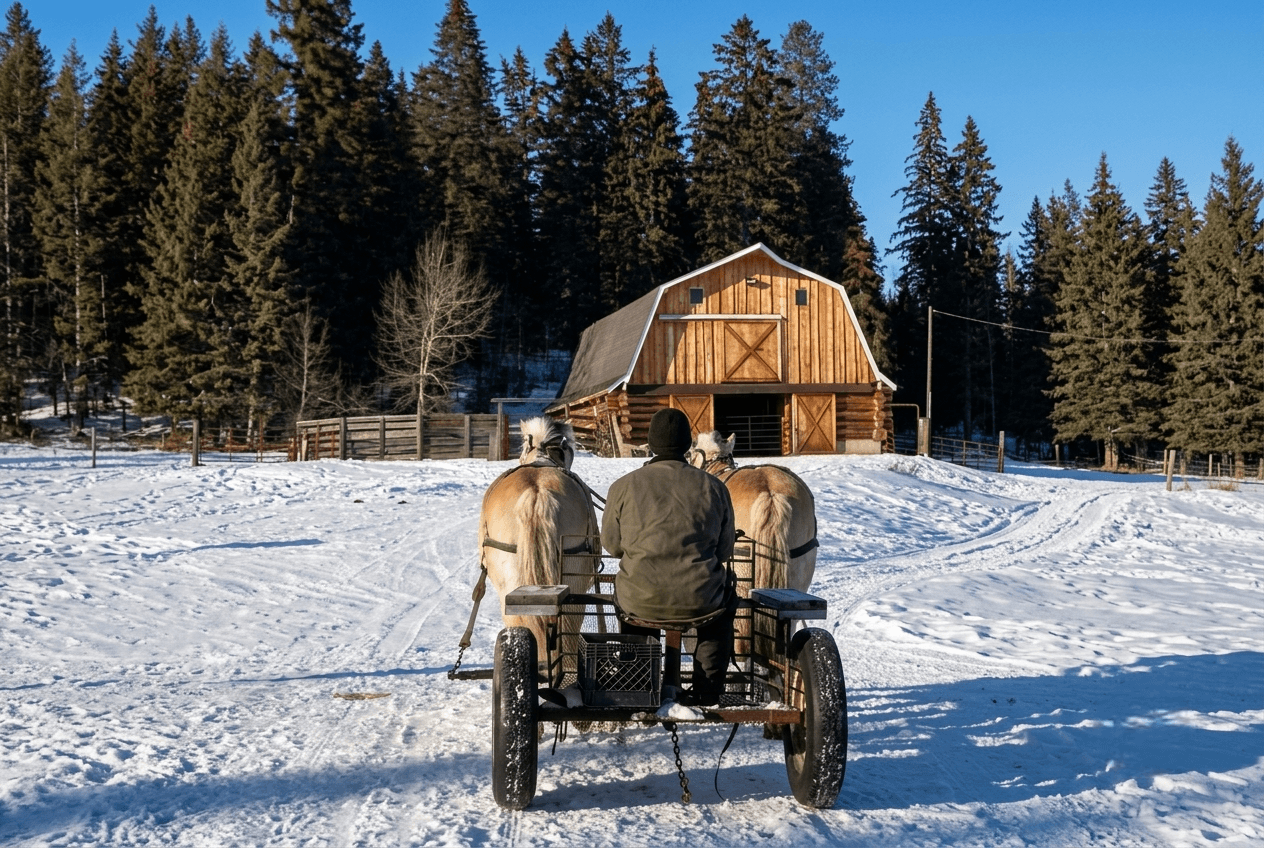 horse-drawn-cart-approaching-wooden-barn A person driving a horse-drawn cart through snow toward a wooden barn.