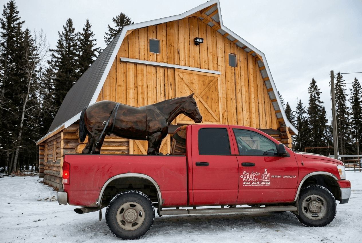 horse-statue-in-pickup-truck-bed A brown life-sized horse statue loaded in the bed of a red pickup truck outside a barn.