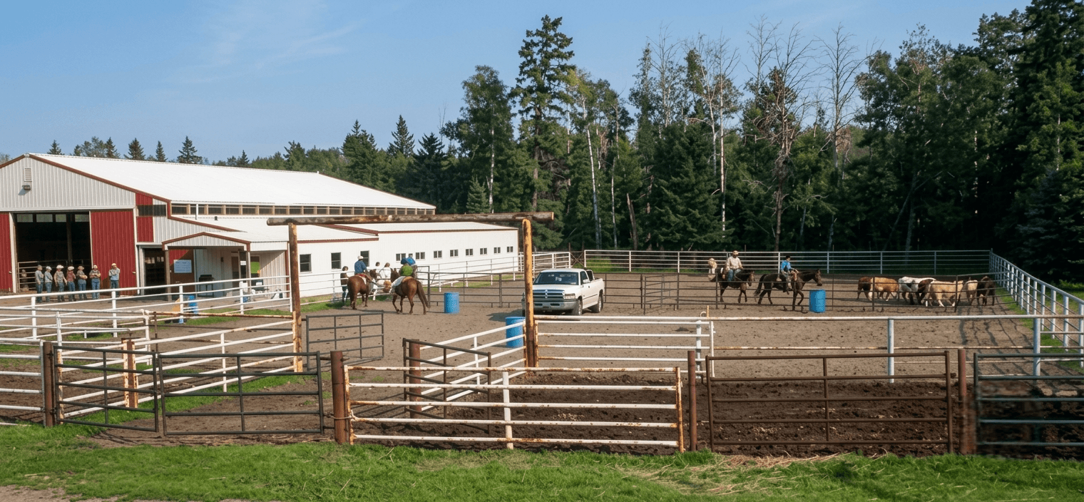 indoor-arena-exterior Outdoor riding arena with horseback riders, cattle, and fences near a large ranch building.