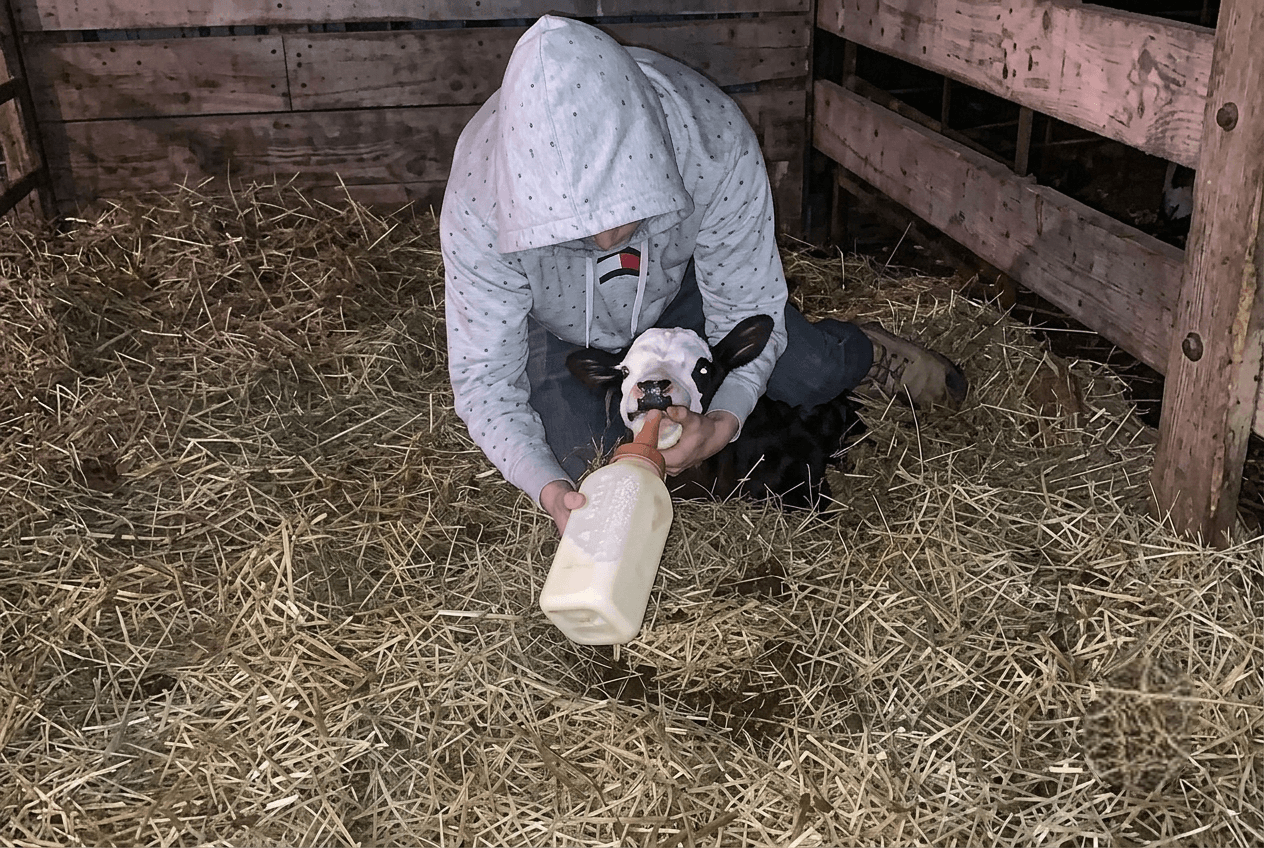 person-bottle-feeding-small-calf-in-barn Person in a hoodie bottle-feeding a small black and white calf in a barn stall.