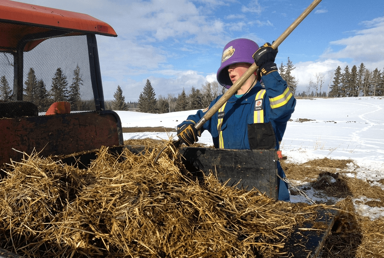 person-shoveling-hay-into-spreader A person shoveling hay into a farm manure spreader in snow.