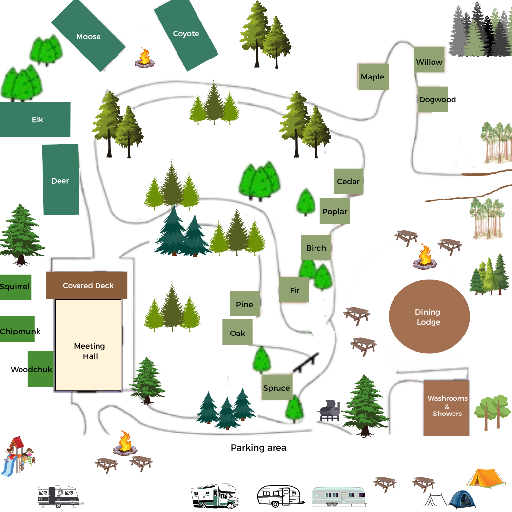 red-lodge-facility-map Illustrated map of Red Lodge Guest Ranch showing cabins, paths, and facilities.