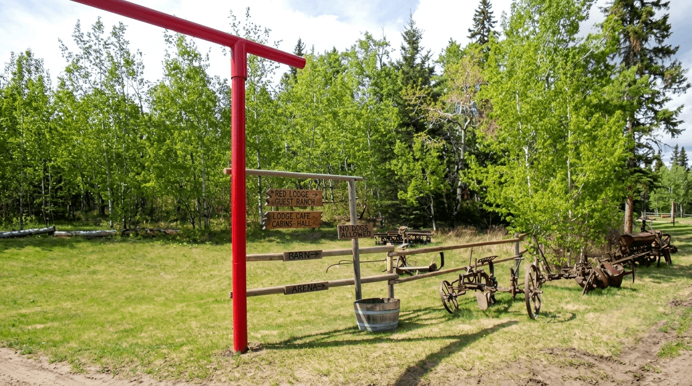 red-lodge-guest-ranch-entrance-arch Red metal archway with wooden directional signs at the ranch entrance.