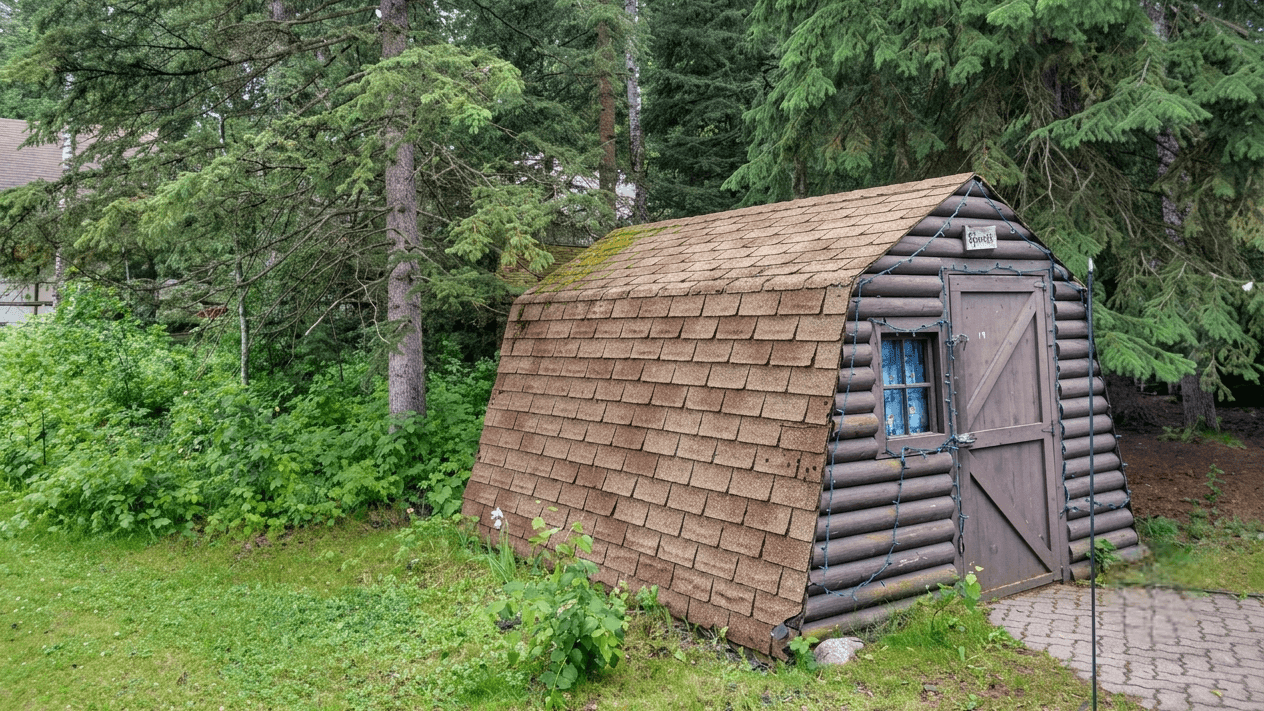 rustic cabin Small rustic A-frame log cabin with shingled roof surrounded by trees.