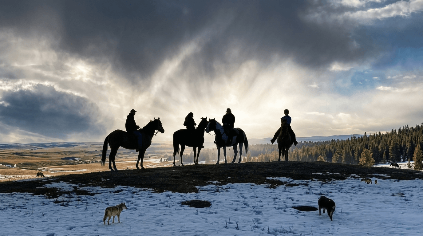 riders on the hill at dusk Three harnessed horses pulling a sled in the snow with a smiling woman standing behind them.