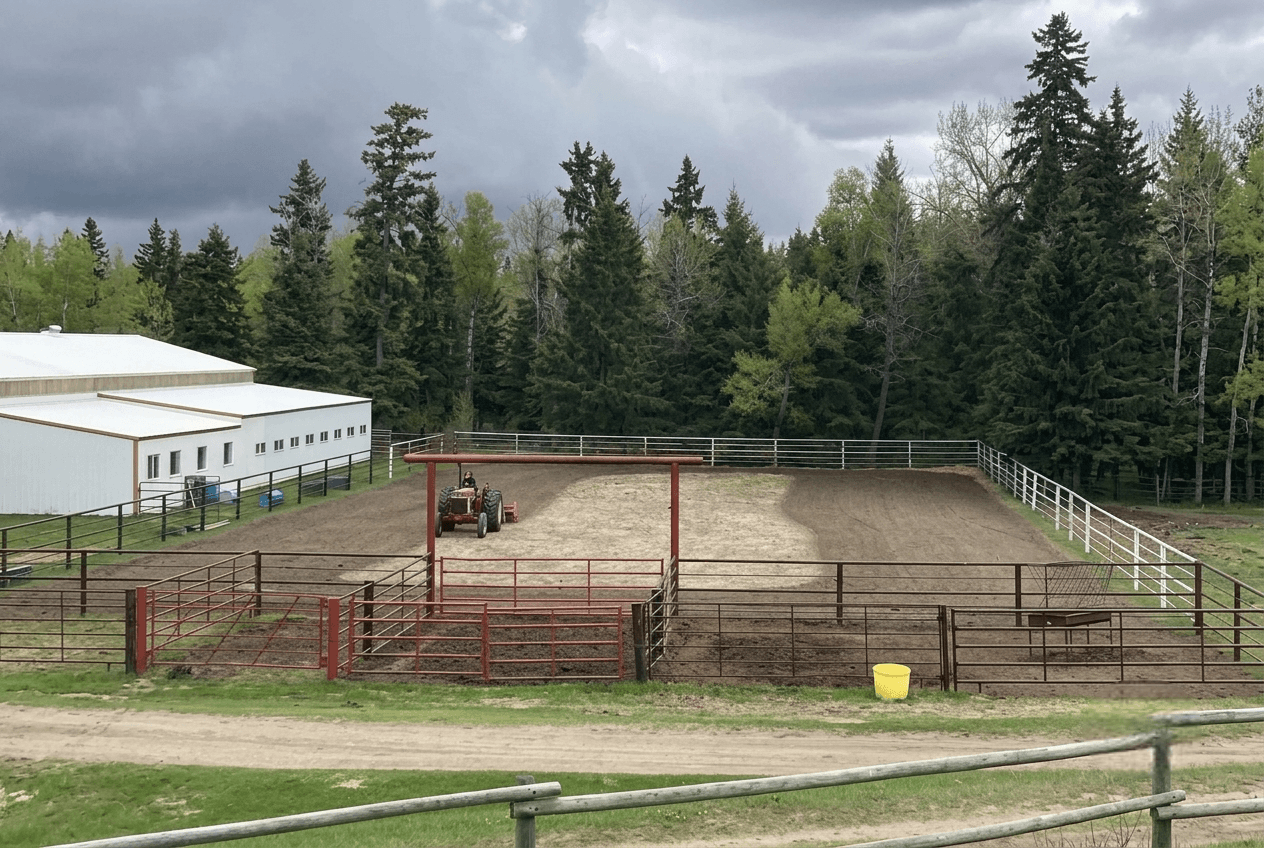 tractor-grooming-outdoor-horse-arena Tractor leveling soil in an outdoor fenced riding arena.