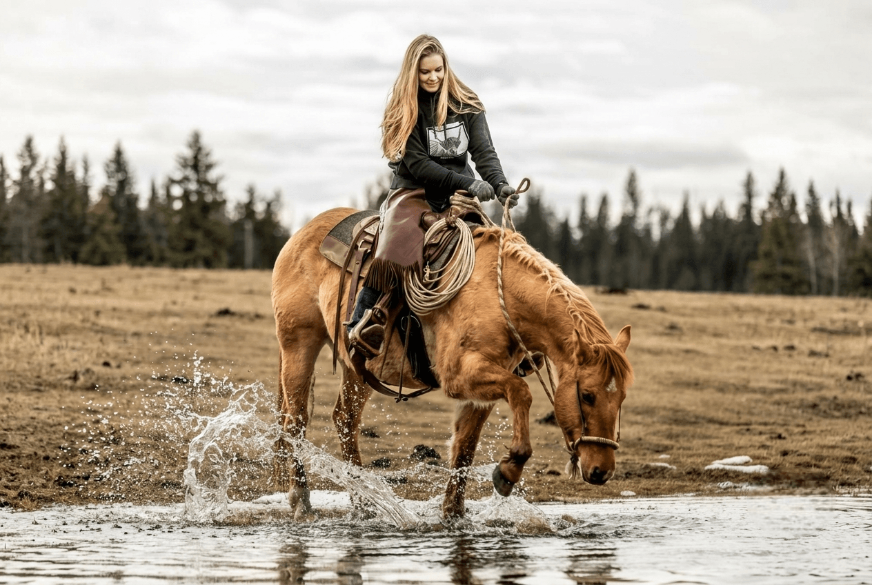 woman-riding-horse-splashing-through-water A woman riding a palomino horse splashing through shallow water.