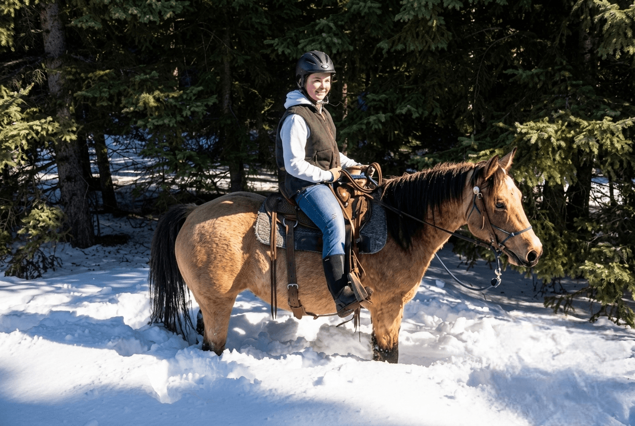 woman-riding-tan-horse-in-snow A woman in a riding helmet on a tan horse in deep snow.